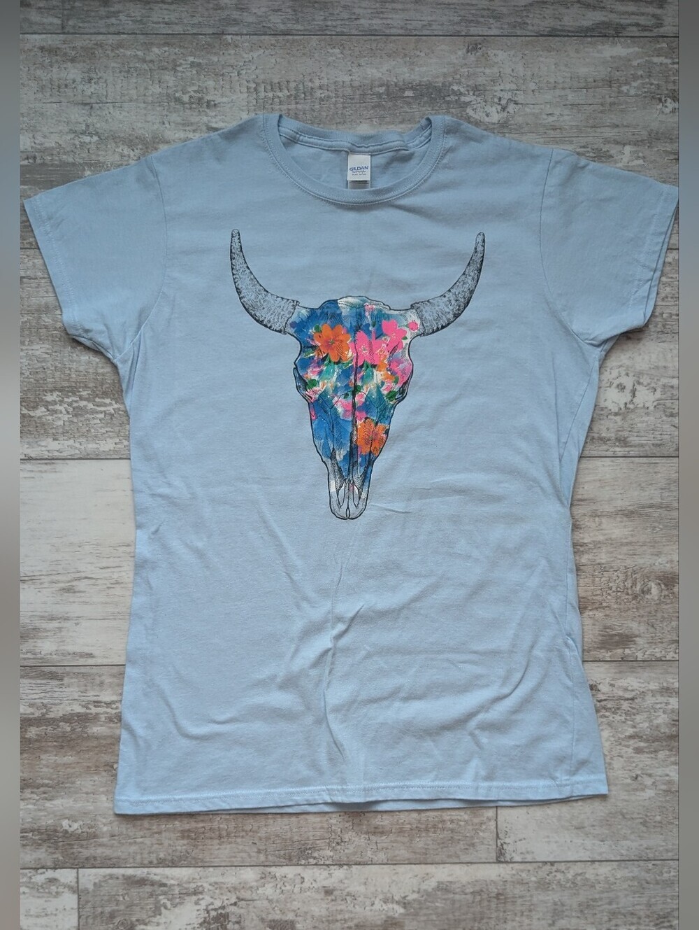 Gildan Light Blue Floral Bull Skull Graphic Tee - Women